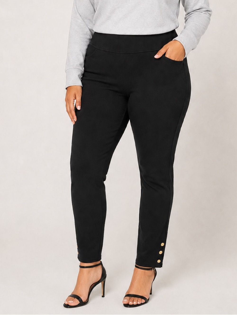 Belle by Kim Gravel Regular Ponte Goldtone Button Ankle Pant 10 NEW A719771